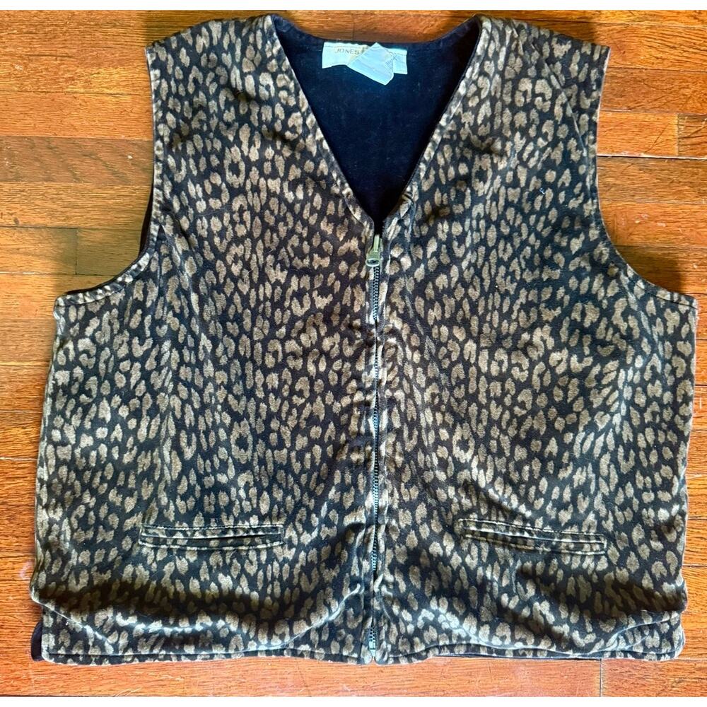 Vintage 90s Jones New York Leopard Print Brown Black Zip Up Vest Jacket Large XL